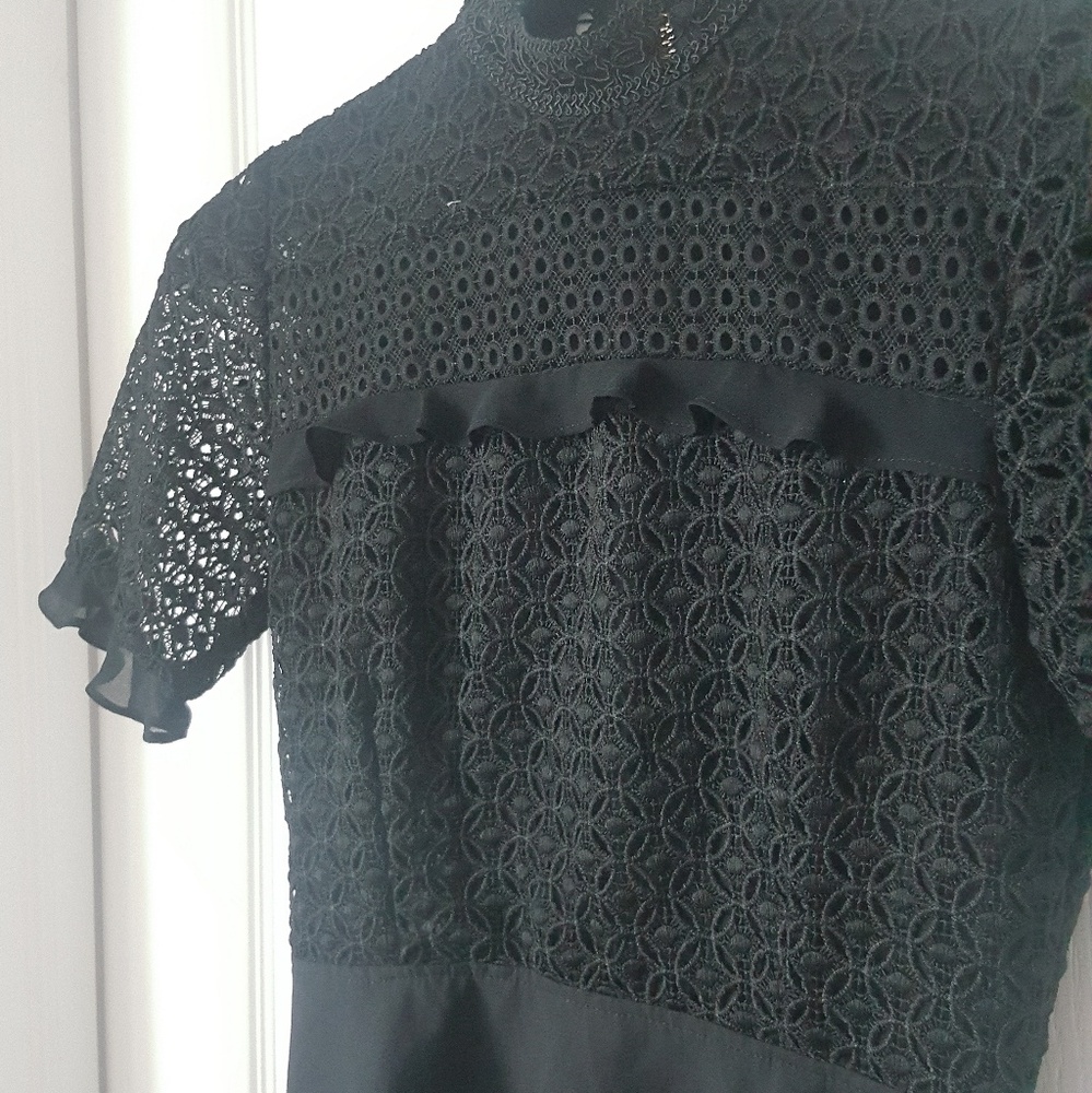 XOXO Crochet Lace Mini Skater Dress - Black Ruffled Baby Doll Goth Size Small